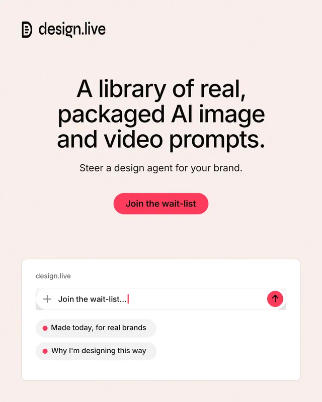 Instagram portrait post for design.live: "A library of real, packaged AI image and video prompts." Data card style, centred layout, light palette in white, red.