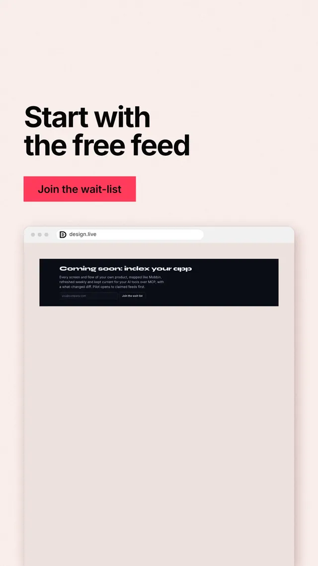 Instagram story for design.live: "Start with the free feed". Swiss style, browser layout, light palette in orange, white, grey.