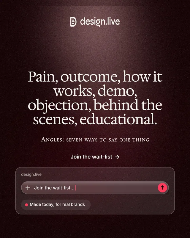 Instagram portrait post for design.live: "Pain, outcome, how it works, demo, objection, behind the scenes, educational." Dark deco style, smallcaps layout, dark palette in red, black, grey.