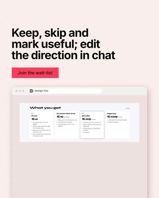 Instagram portrait post for design.live: "Keep, skip and mark useful; edit the direction in chat". Swiss style, browser layout, light palette in red, white, grey.