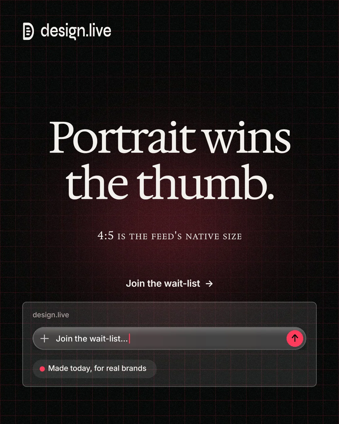 Instagram portrait post for design.live: "Portrait wins the thumb." Phosphor atlas style, smallcaps layout, dark palette in black, grey.