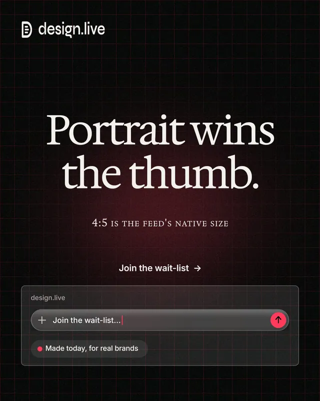 Instagram portrait post for design.live: "Portrait wins the thumb." Phosphor atlas style, smallcaps layout, dark palette in black, grey.