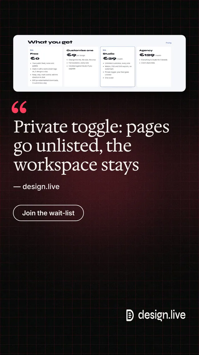 Instagram story for design.live: "Private toggle: pages go unlisted, the workspace stays". Phosphor atlas style, quote layout, dark palette in black, white, grey.