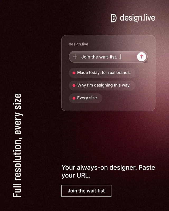 Instagram portrait post for design.live: "Full resolution, every size". Dark deco style, vertical layout, dark palette in black, grey, red.