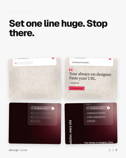 Carousel for design.live: "Set one line huge. Stop there.". Collection carousel, 8 slides, light palette.