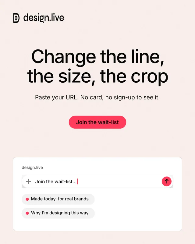 Instagram portrait post for design.live: "Change the line, the size, the crop". Data card style, centred layout, light palette in white, red.