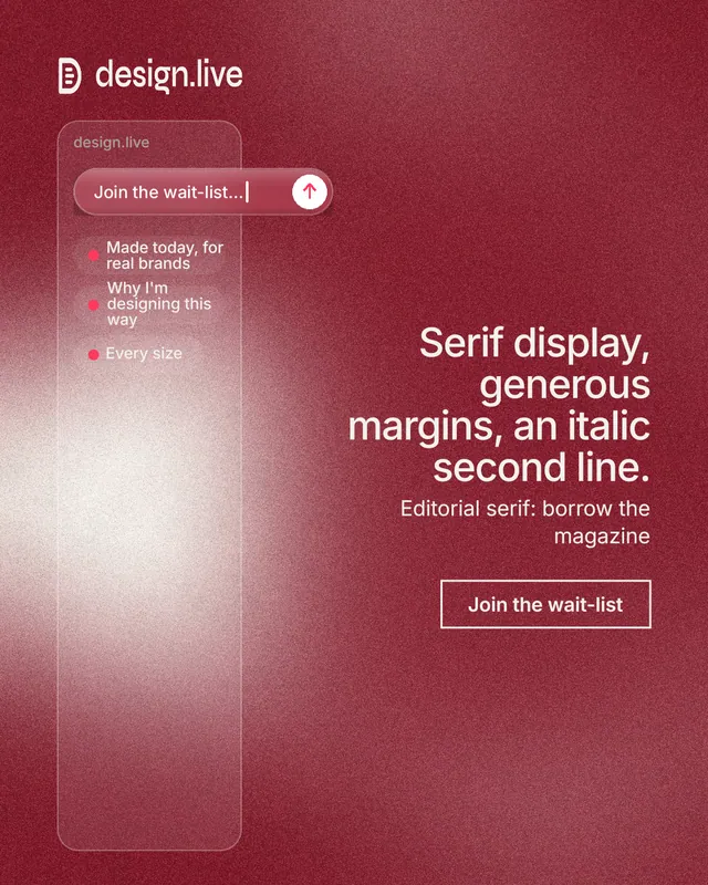 Instagram portrait post for design.live: "Serif display, generous margins, an italic second line." Cyanotype style, right layout, dark palette in red.