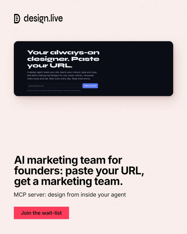 Instagram portrait post for design.live: "AI marketing team for founders: paste your URL, get a marketing team." Swiss style, bottom layout, light palette in white, black, grey.