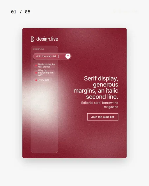 Video for design.live. Ad flipbook, 7.5 s, light palette.