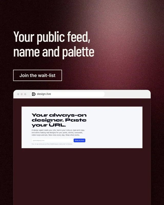Instagram portrait post for design.live: "Your public feed, name and palette". Dark deco style, browser layout, dark palette in red, grey, black.