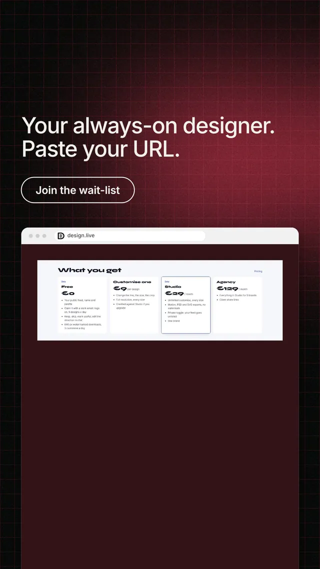 Instagram story for design.live: "Your always-on designer. Paste your URL." Phosphor atlas style, browser layout, dark palette in red, black, grey.