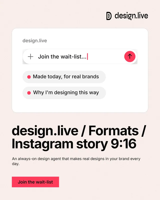 Instagram portrait post for design.live: "design.live / Formats / Instagram story 9:16". Swiss style, bottom layout, light palette in white, red.