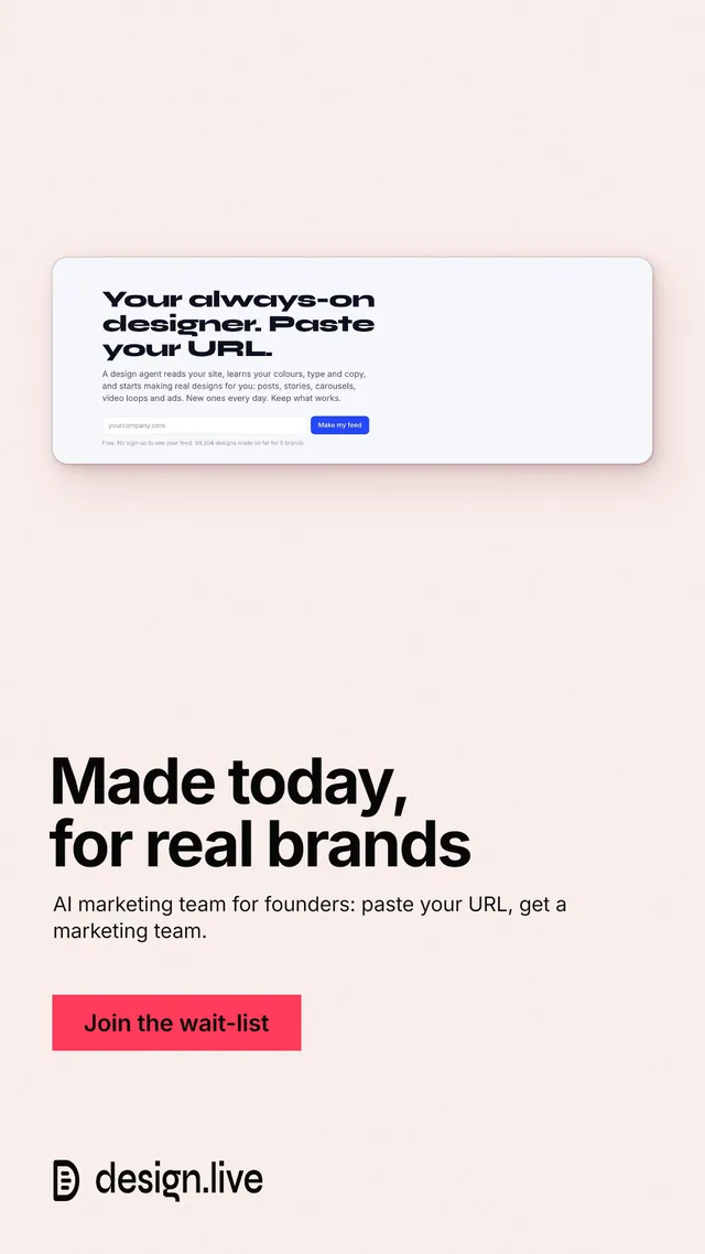 Instagram story for design.live: "Made today, for real brands". Swiss style, bottom layout, light palette in white, red.