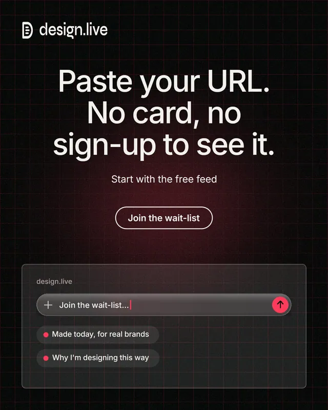 Instagram portrait post for design.live: "Paste your URL. No card, no sign-up to see it." Phosphor atlas style, centred layout, dark palette in black, grey.