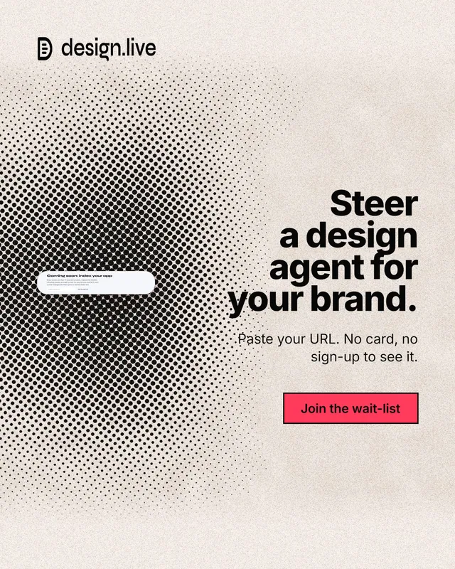 Instagram portrait post for design.live: "Steer a design agent for your brand." Ink sticker style, right layout, light palette in orange, grey.