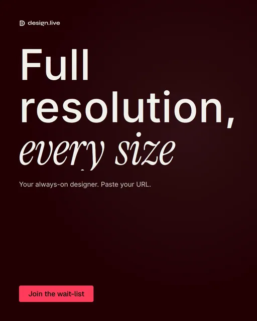 Video for design.live: "Full resolution, every size". Doc motion loop, 7.0 s, dark palette.