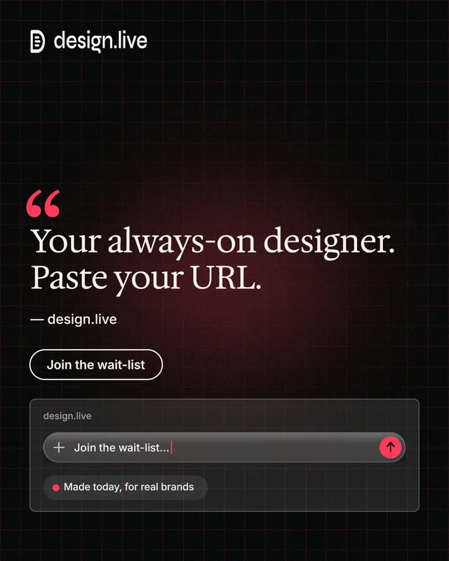 Instagram portrait post for design.live: "Your always-on designer. Paste your URL." Phosphor atlas style, quote layout, dark palette in black.