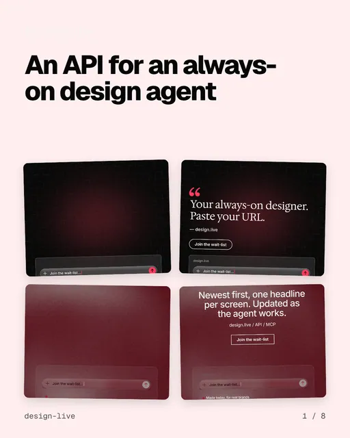 Carousel for design.live: "An API for an always-on design agent". Collection carousel, 8 slides, light palette.