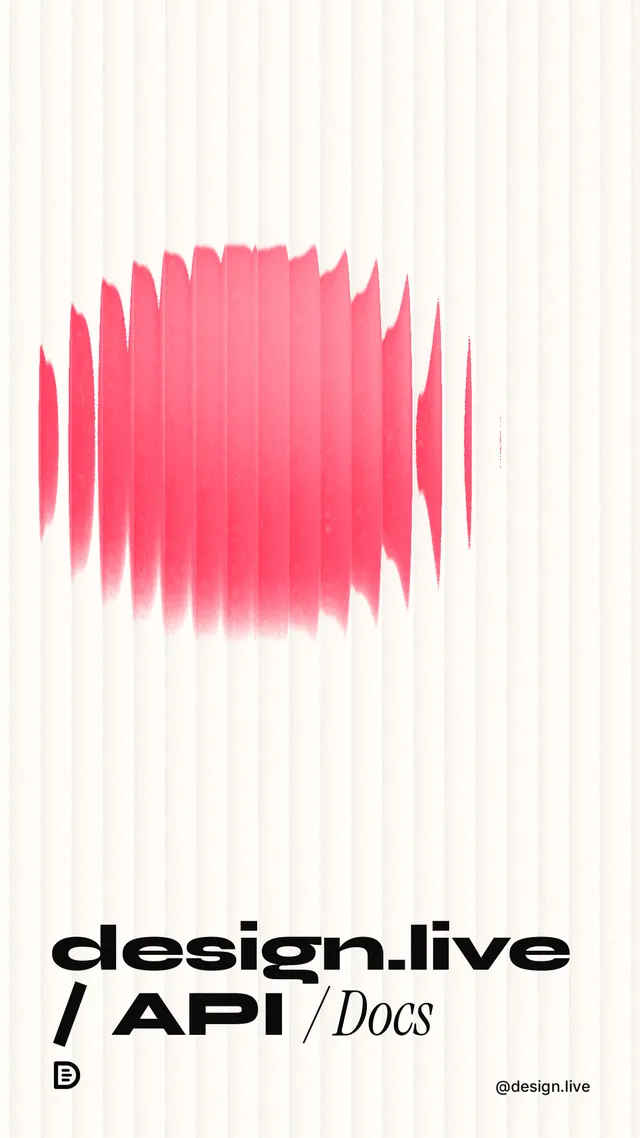 Instagram story for design.live: "design.live / API / Docs". Auto 9x16 style, technique:shader field layout, light palette in white, red.