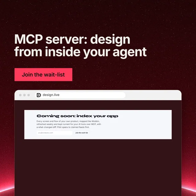 Instagram post for design.live: "MCP server: design from inside your agent". Swiss style, browser layout, dark palette in red, black, white.