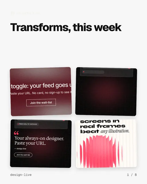 Carousel for design.live: "Transforms, this week". Collection carousel, 8 slides, light palette.