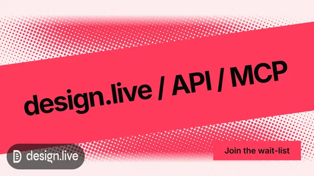 Landscape graphic for design.live: "design.live / API / MCP". Swiss style, diagonal layout, light palette in red, white.