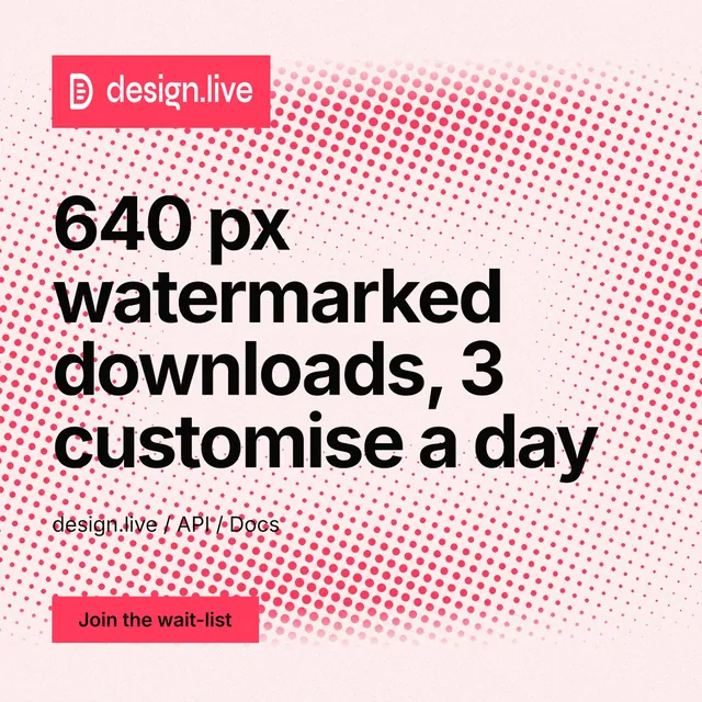 Instagram post for design.live: "640 px watermarked downloads, 3 customise a day". Swiss style, announce layout, light palette in red, white.