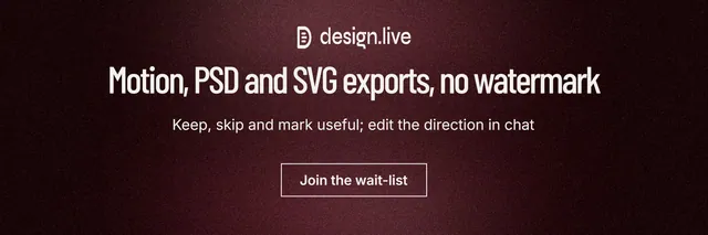 X header for design.live: "Motion, PSD and SVG exports, no watermark". Dark deco style, centred layout, dark palette in red, black.