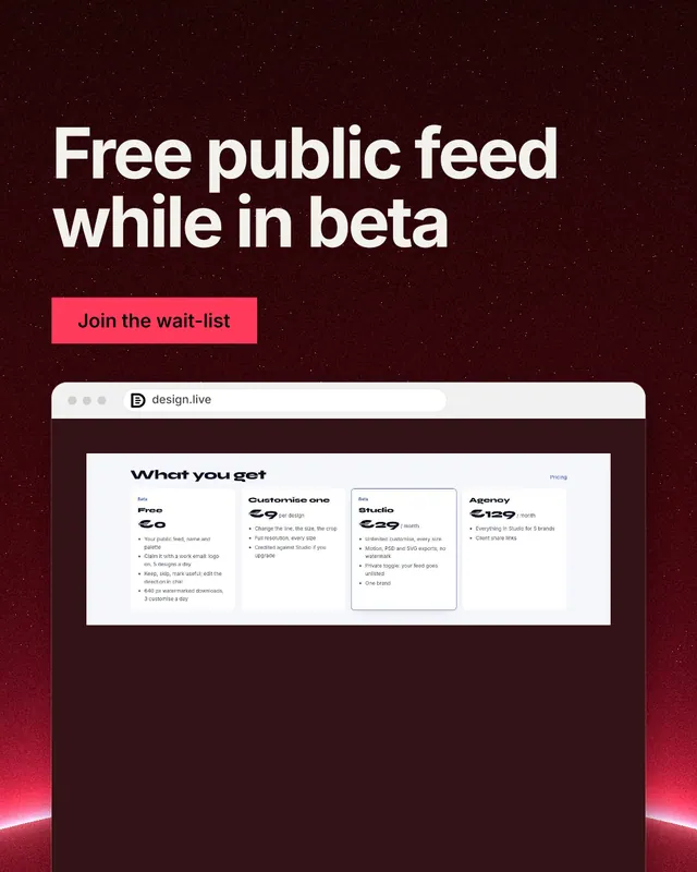 Instagram portrait post for design.live: "Free public feed while in beta". Swiss style, browser layout, dark palette in red, black, white.