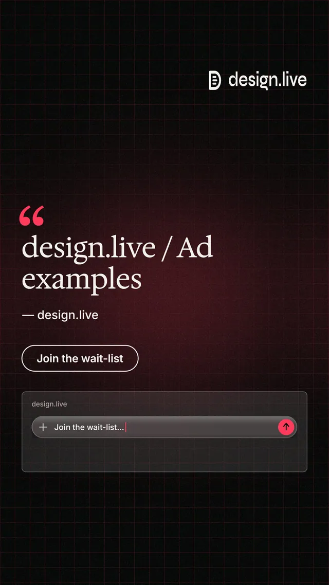 Instagram story for design.live: "design.live / Ad examples". Phosphor atlas style, quote layout, dark palette in black, red, grey.
