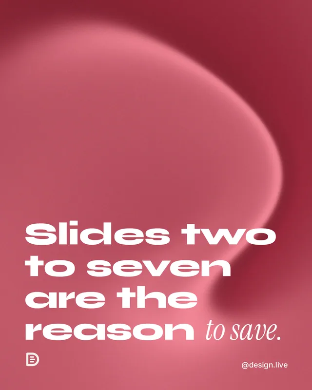 Instagram portrait post for design.live: "Slides two to seven are the reason to save." Auto 4x5 style, technique:shader field layout, light palette in red.