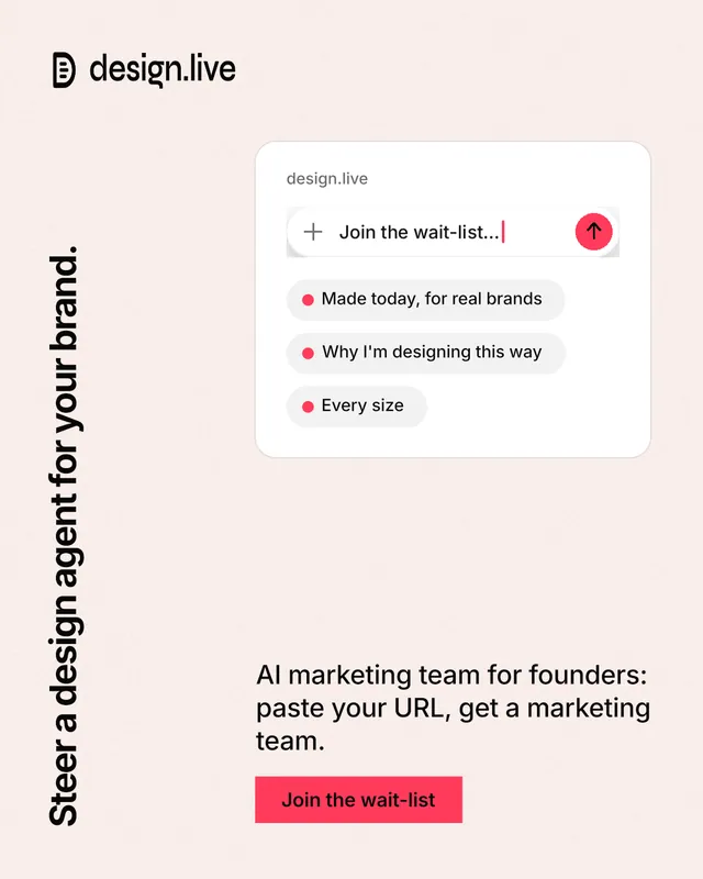 Instagram portrait post for design.live: "Steer a design agent for your brand." Swiss style, vertical layout, light palette in white, red.