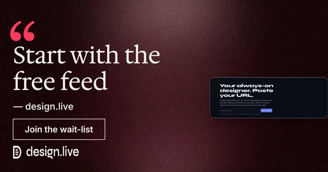 Social ad for design.live: "Start with the free feed". Dark deco style, quote layout, dark palette in black, red, grey.