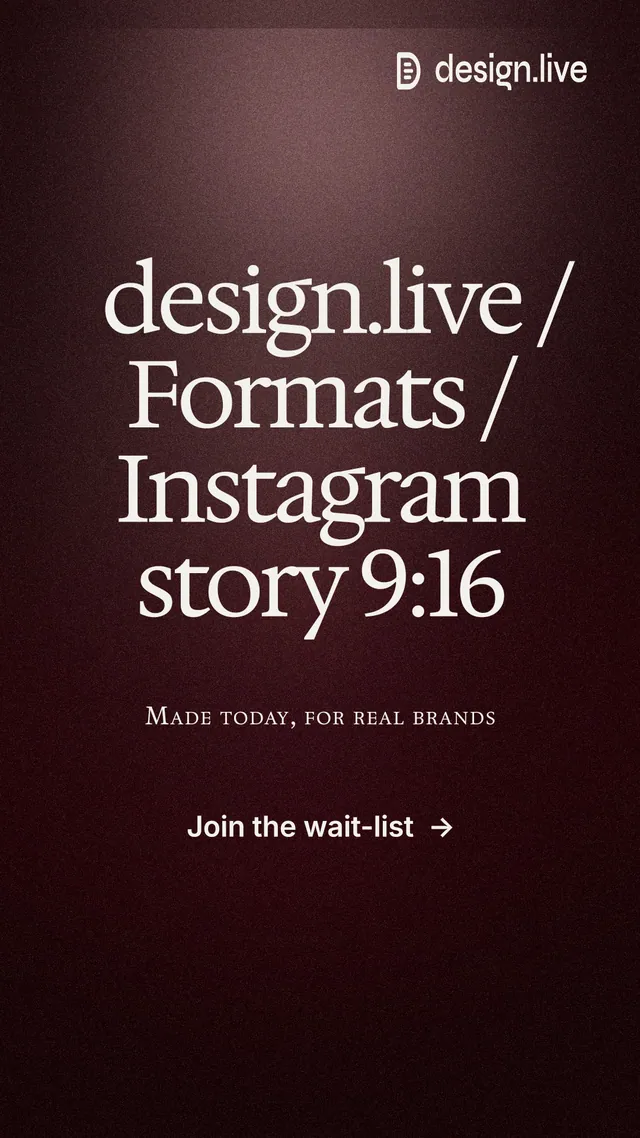 Instagram story for design.live: "design.live / Formats / Instagram story 9:16". Dark deco style, smallcaps layout, dark palette in black, red, grey.