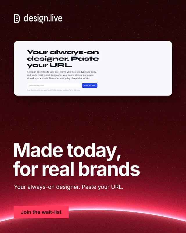 Instagram portrait post for design.live: "Made today, for real brands". Swiss style, bottom layout, dark palette in black, red, white.