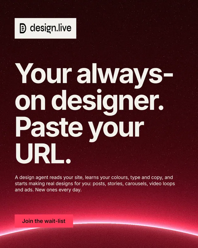 Instagram portrait post for design.live: "Your always-on designer. Paste your URL." Swiss style, announce layout, dark palette in red, black.