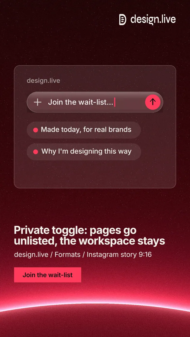 Instagram story for design.live: "Private toggle: pages go unlisted, the workspace stays". Swiss style, bottom layout, dark palette in black, red.