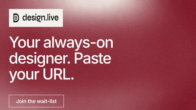 Landscape graphic for design.live: "Your always-on designer. Paste your URL." Cyanotype style, announce layout, dark palette in red.