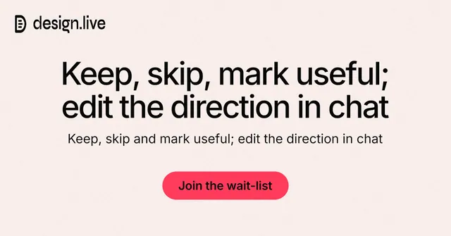 Social ad for design.live: "Keep, skip, mark useful; edit the direction in chat". Data card style, centred layout, light palette in white, grey.