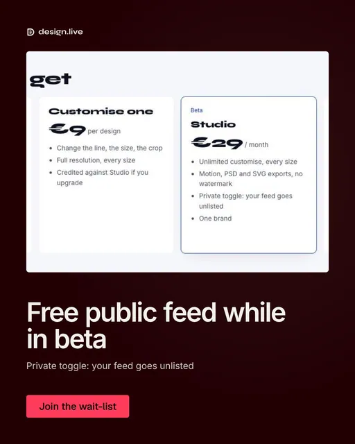 Video for design.live: "Free public feed while in beta". Doc motion loop, 6.0 s, light palette.