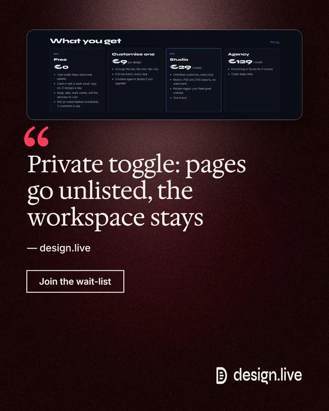 Instagram portrait post for design.live: "Private toggle: pages go unlisted, the workspace stays". Dark deco style, quote layout, dark palette in black, grey.