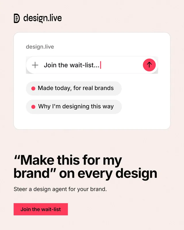 Instagram portrait post for design.live: "“Make this for my brand” on every design". Swiss style, bottom layout, light palette in white, red.
