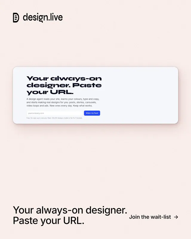 Instagram portrait post for design.live: "Your always-on designer. Paste your URL." Data card style, image led layout, light palette in white.