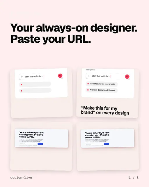 Carousel for design.live: "Your always-on designer. Paste your URL.". Collection carousel, 8 slides, light palette.