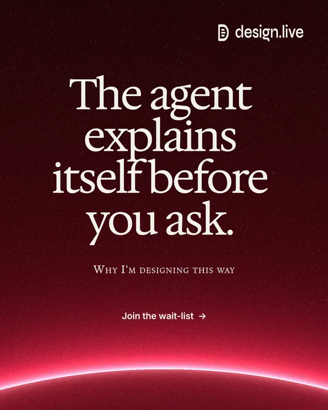 Instagram portrait post for design.live: "The agent explains itself before you ask." Swiss style, smallcaps layout, dark palette in black, red.