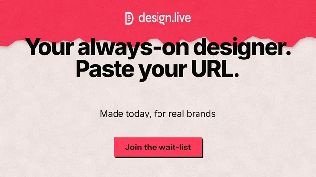 Landscape graphic for design.live: "Your always-on designer. Paste your URL." Paper trio style, centred layout, light palette in red, orange.