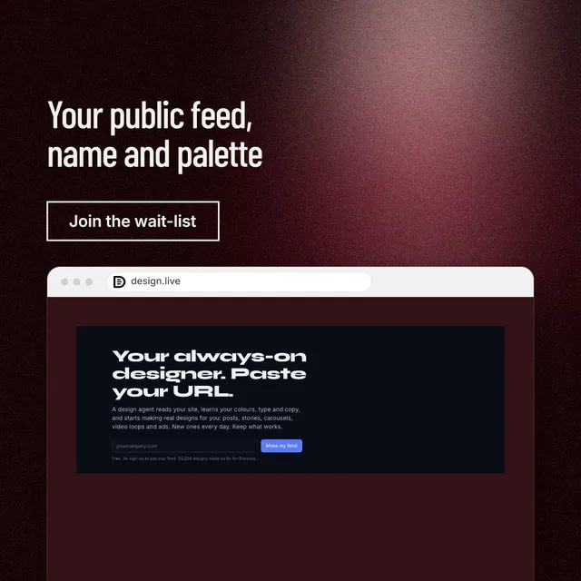 Instagram post for design.live: "Your public feed, name and palette". Dark deco style, browser layout, dark palette in red, black, grey.
