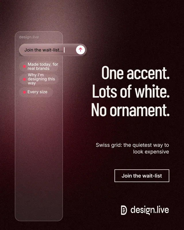 Instagram portrait post for design.live: "One accent. Lots of white. No ornament." Dark deco style, right layout, dark palette in black, red, grey.