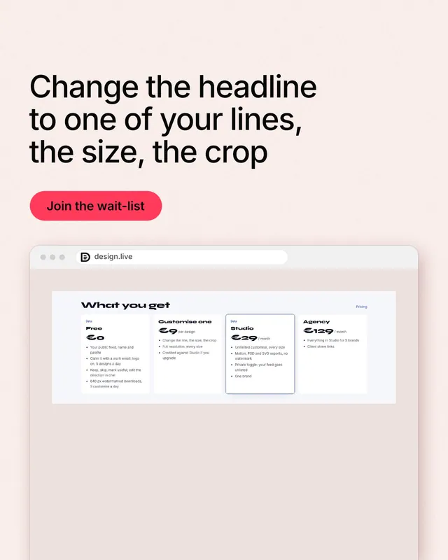 Instagram portrait post for design.live: "Change the headline to one of your lines, the size, the crop". Data card style, browser layout, light palette in orange, white, red.
