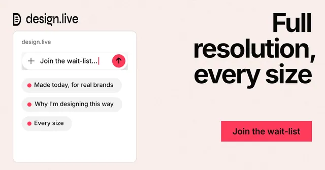 Social ad for design.live: "Full resolution, every size". Swiss style, right layout, light palette in white, red.